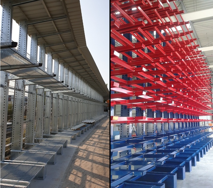 Sipag cantilever racks with mesh deck and crossbars for storage of goods on pallets or other goods.