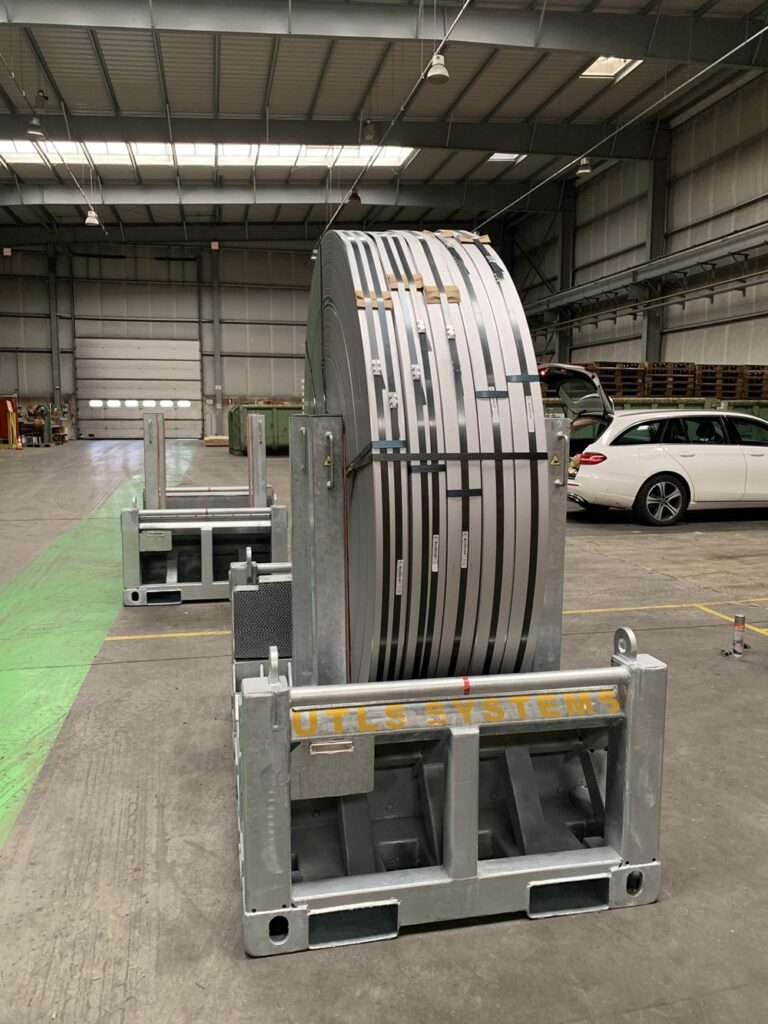 UTLS Systems coil transportation rack with UTLS stanchions Standard. For safe internal transportation and storage of slit coils.