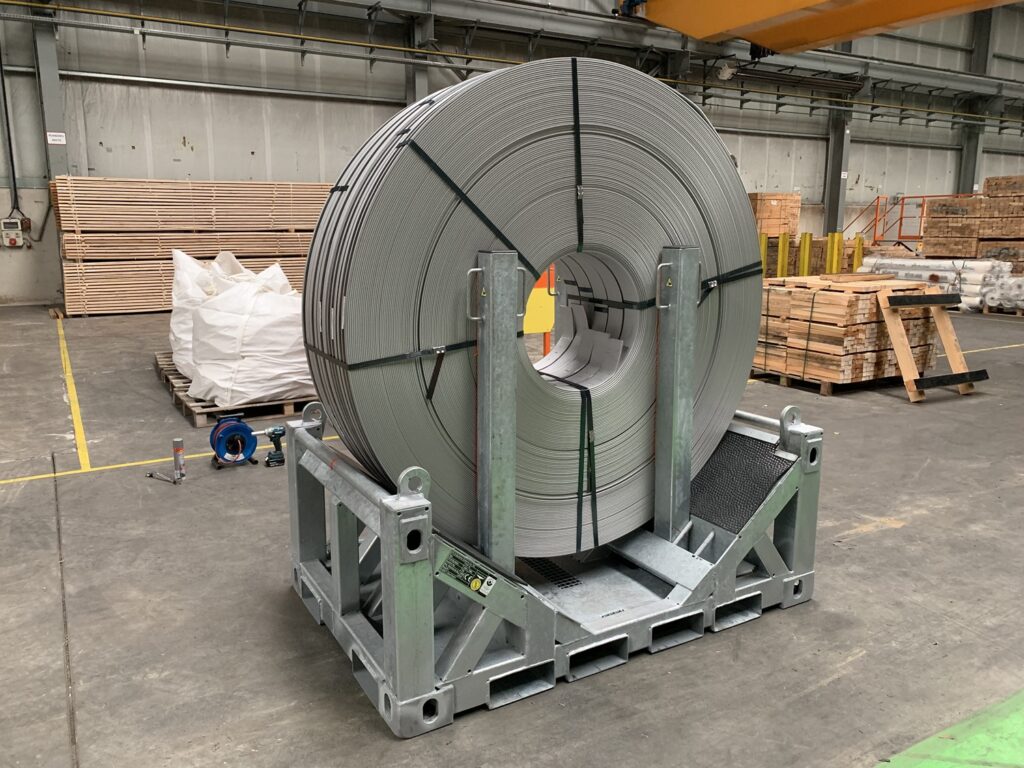 UTLS Systems rack for safe transportation and storage of slit coils. Equiped with UTLS stanchions Standard.