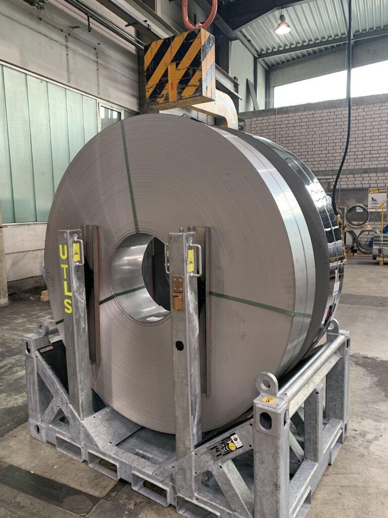UTLS Systems coil transportation rack with UTLS stanchions Vario. For safe transportation of slit coils.