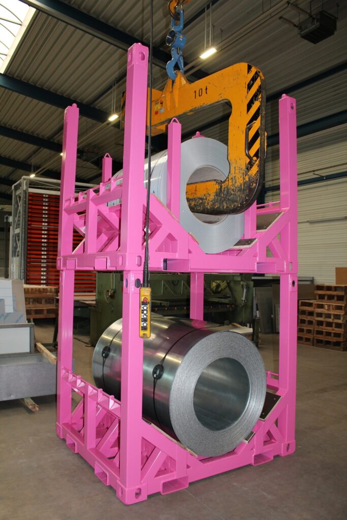 Stacked UTLS Systems coil transportation rack for storage of coils.