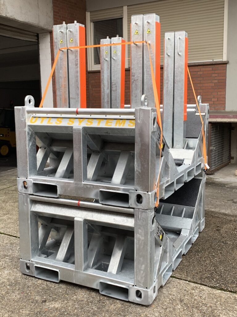 UTLS Systems coil transportation racks with UTLS stanchions Standard stacked for easier transportation and storage of unused racks.
