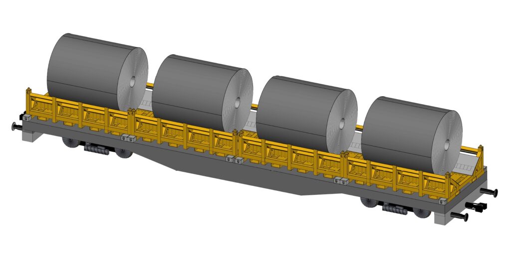 Railroad transportation of coils with UTLS Systems coil transportation system.