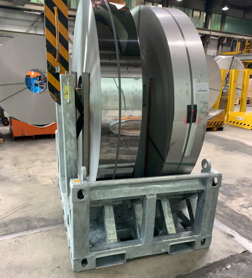 UTLS Systems coil transportation rack for slit coils. With stanchions Vario and ISO container corners.